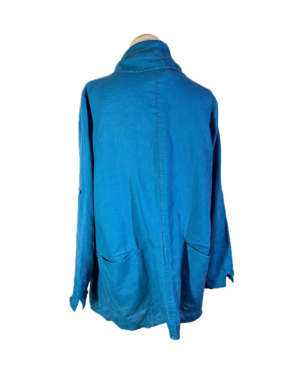 Soft Surroundings Size M Teal Linen Hooded Jacket Open-Front Roll-Tab Sleeves